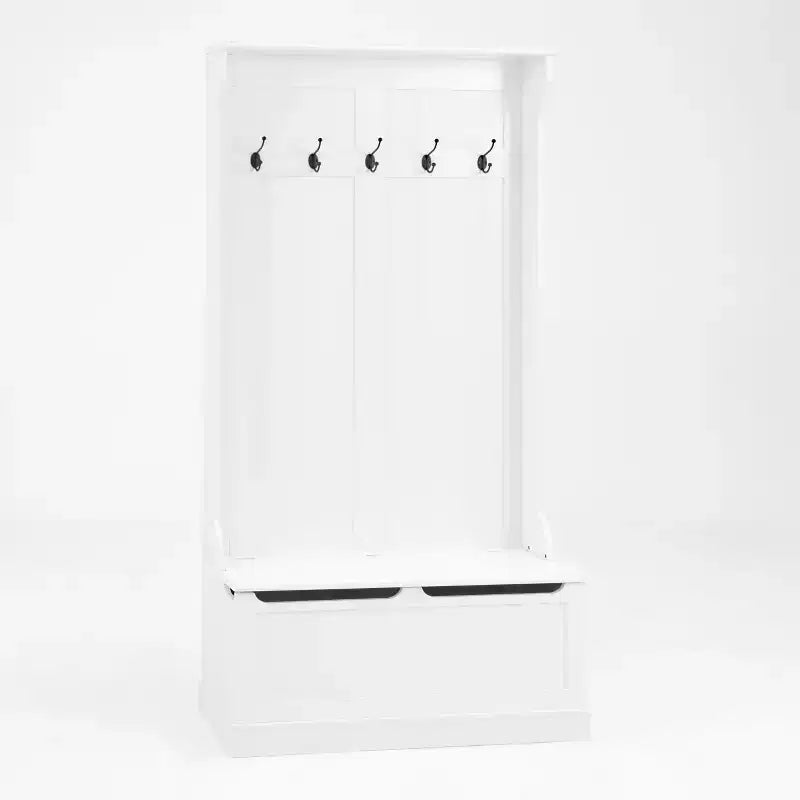 Porte-manteau minimaliste avec 5 crochets, vestiaire autoportant avec banc de rangement pour chaussures, meuble de rangement pour entrée de salon ou couloir, blanc