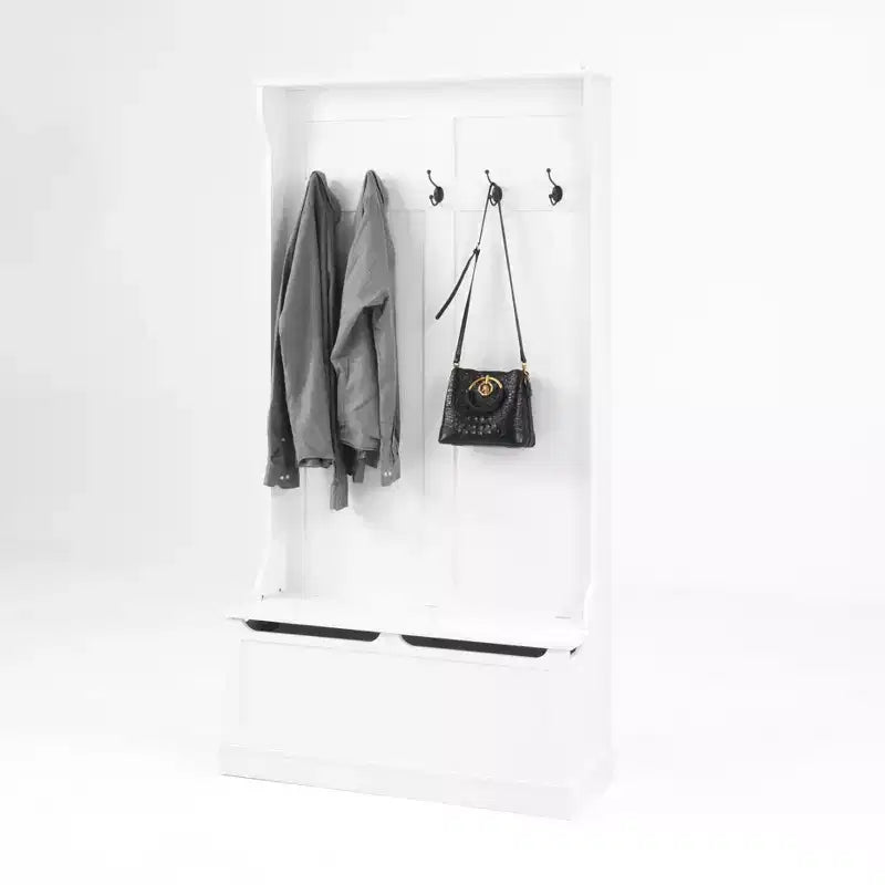 Porte-manteau minimaliste avec 5 crochets, vestiaire autoportant avec banc de rangement pour chaussures, meuble de rangement pour entrée de salon ou couloir, blanc