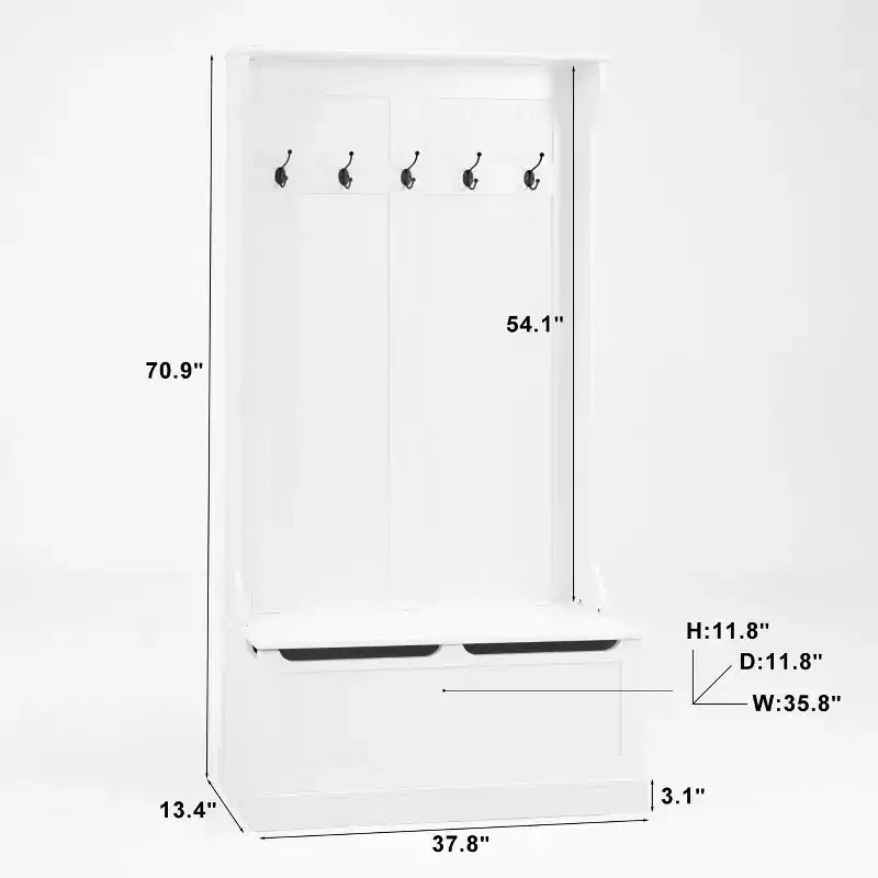 Porte-manteau minimaliste avec 5 crochets, vestiaire autoportant avec banc de rangement pour chaussures, meuble de rangement pour entrée de salon ou couloir, blanc