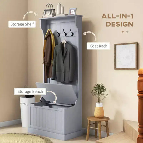 Arbre d'entrée de 28 pouces avec 4 crochets métalliques, portemanteau avec rangement pour chaussures et porte supérieure, patère autoportante pour salon, entrée, gris