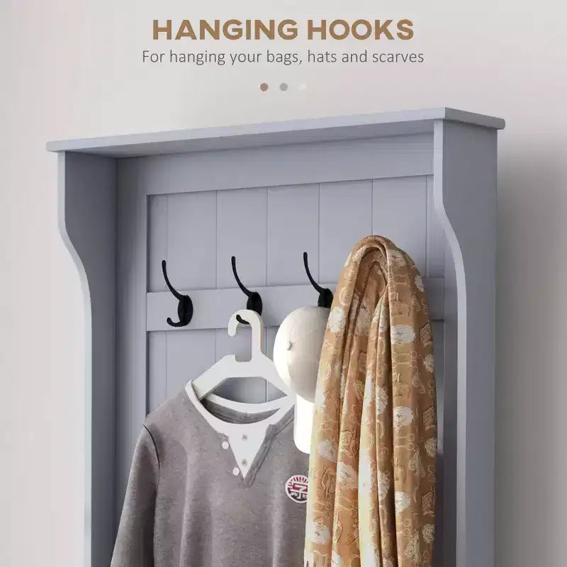 Arbre d'entrée de 28 pouces avec 4 crochets métalliques, portemanteau avec rangement pour chaussures et porte supérieure, patère autoportante pour salon, entrée, gris