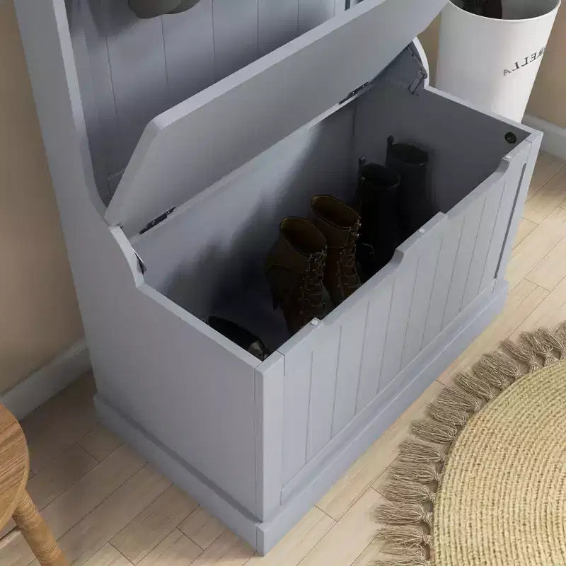 Arbre d'entrée de 28 pouces avec 4 crochets métalliques, portemanteau avec rangement pour chaussures et porte supérieure, patère autoportante pour salon, entrée, gris