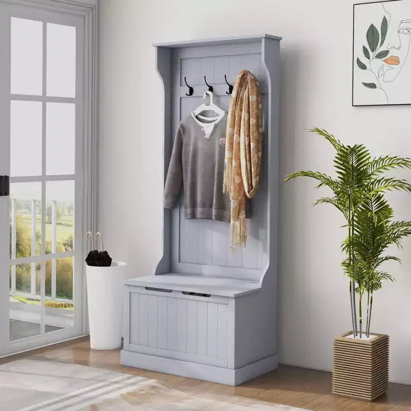 Arbre d'entrée de 28 pouces avec 4 crochets métalliques, portemanteau avec rangement pour chaussures et porte supérieure, patère autoportante pour salon, entrée, gris