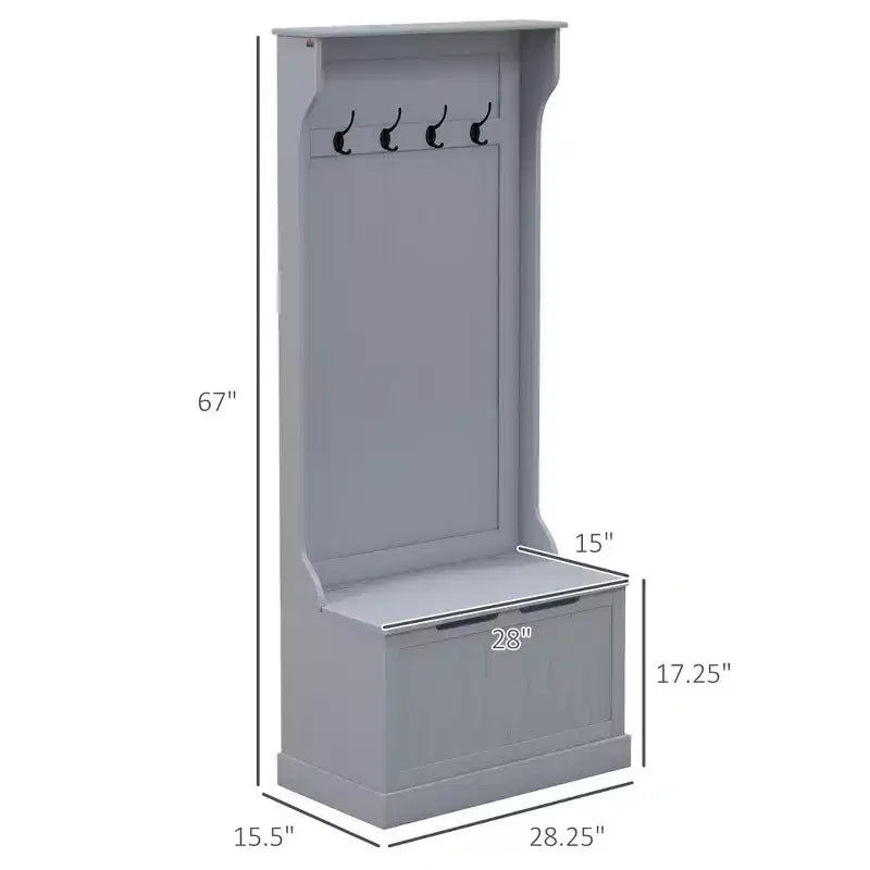 Arbre d'entrée de 28 pouces avec 4 crochets métalliques, portemanteau avec rangement pour chaussures et porte supérieure, patère autoportante pour salon, entrée, gris