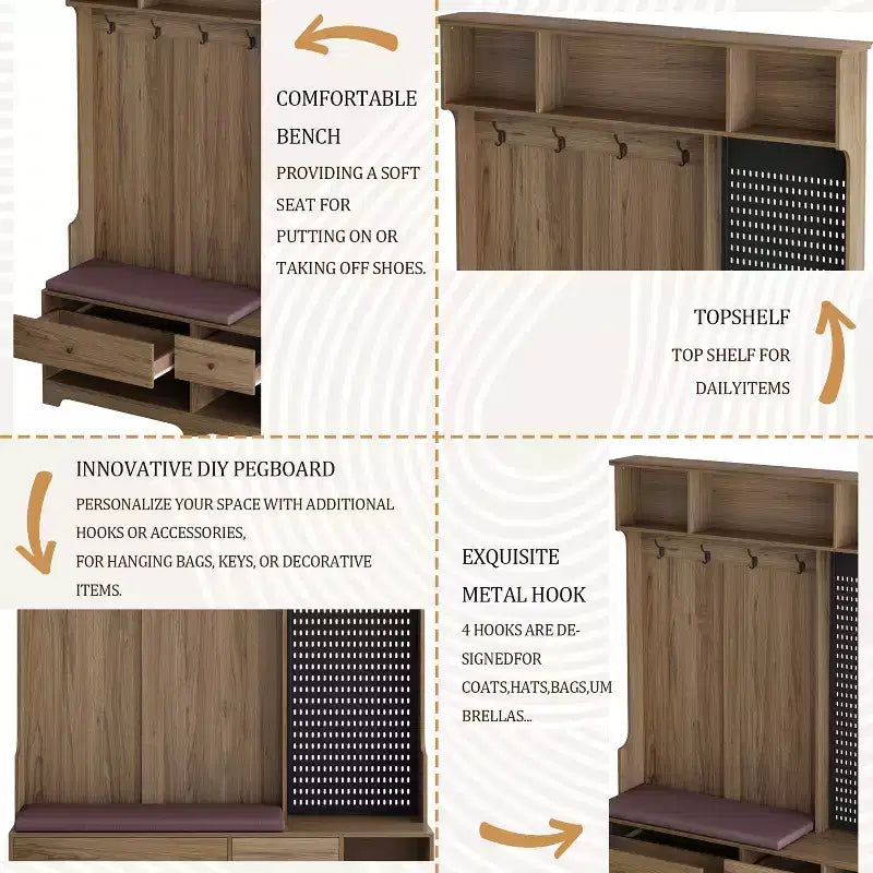 Meuble d'entrée multifonctionnel avec banc rembourré en lin amovible, porte-manteau à 4 crochets, étagères de rangement et panneau perforé DIY pour couloir, marron