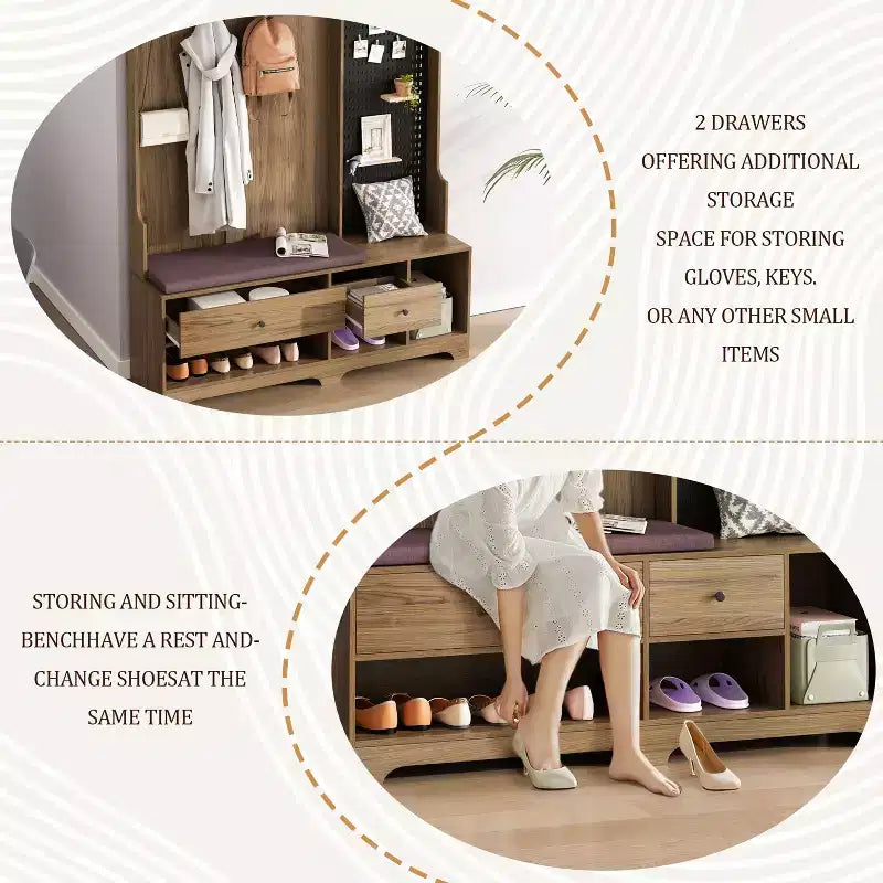 Meuble d'entrée multifonctionnel avec banc rembourré en lin amovible, porte-manteau à 4 crochets, étagères de rangement et panneau perforé DIY pour couloir, marron