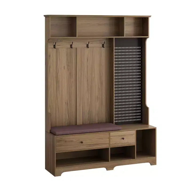 Meuble d'entrée multifonctionnel avec banc rembourré en lin amovible, porte-manteau à 4 crochets, étagères de rangement et panneau perforé DIY pour couloir, marron