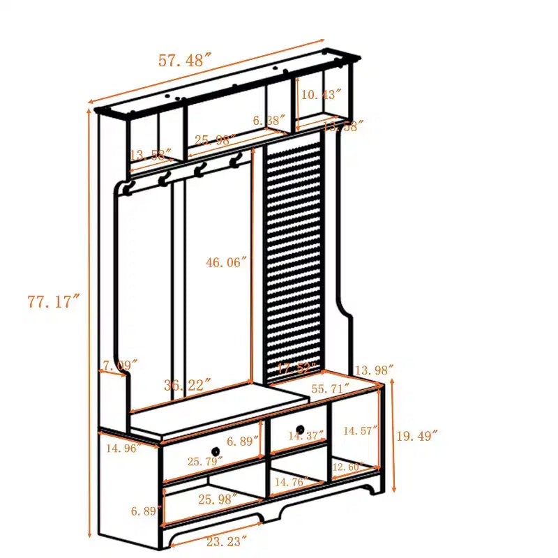 Meuble d'entrée multifonctionnel avec banc rembourré en lin amovible, porte-manteau à 4 crochets, étagères de rangement et panneau perforé DIY pour couloir, marron