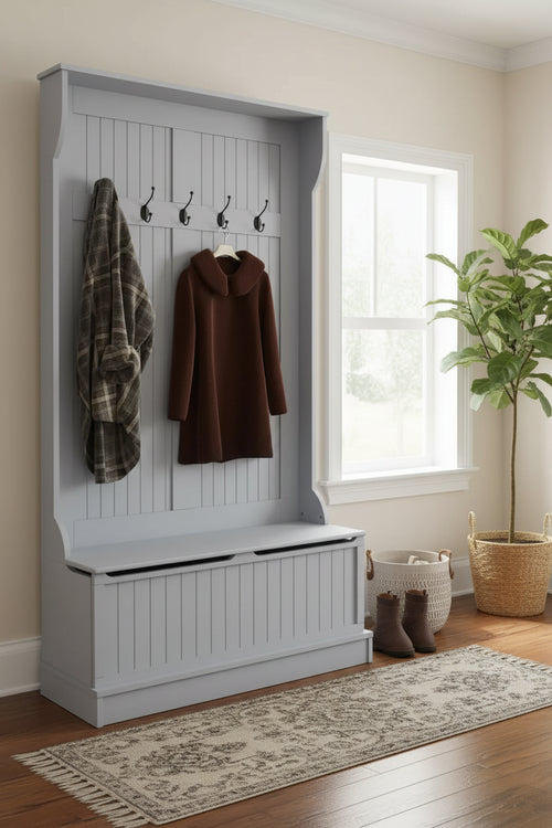 Okak 38IN Entryway Hall Tree with 5 Metal Hooks, Coat Tree with Shoe Storage and Top Door, Freestanding Coat Rack for Living Room, Entryway, Gray