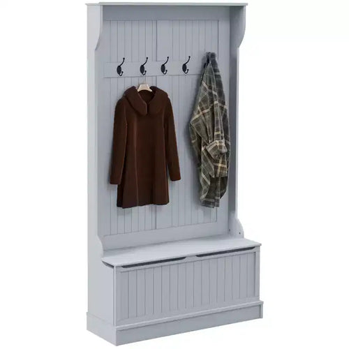 Porte-manteau d'entrée de 38 po avec 5 crochets métalliques, arbre à manteaux avec rangement à chaussures et porte supérieure, porte-manteau autoportant pour salon, entrée, gris