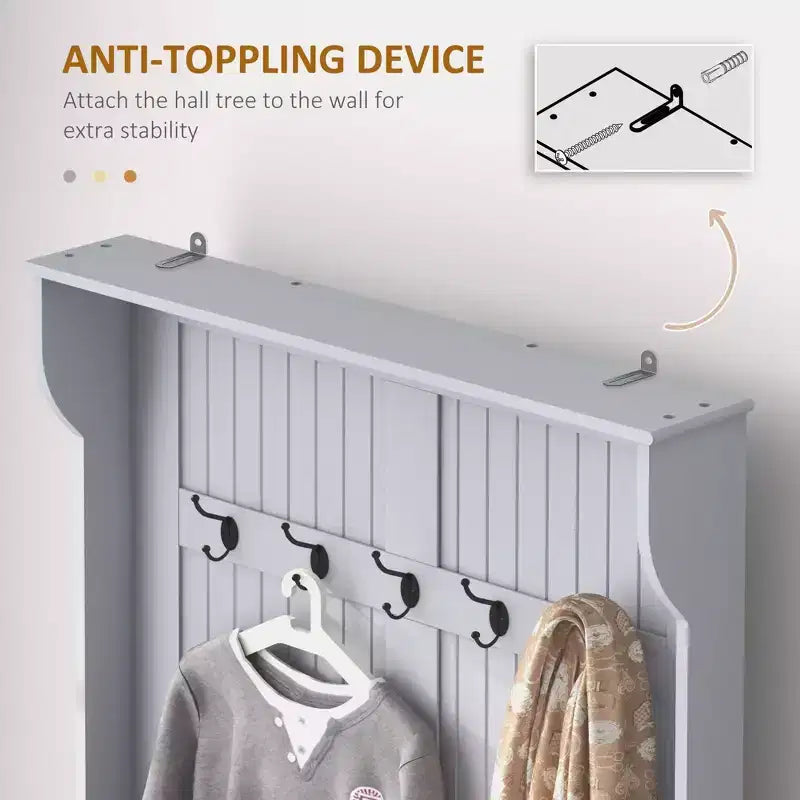 Porte-manteau d'entrée de 38 po avec 5 crochets métalliques, arbre à manteaux avec rangement à chaussures et porte supérieure, porte-manteau autoportant pour salon, entrée, gris