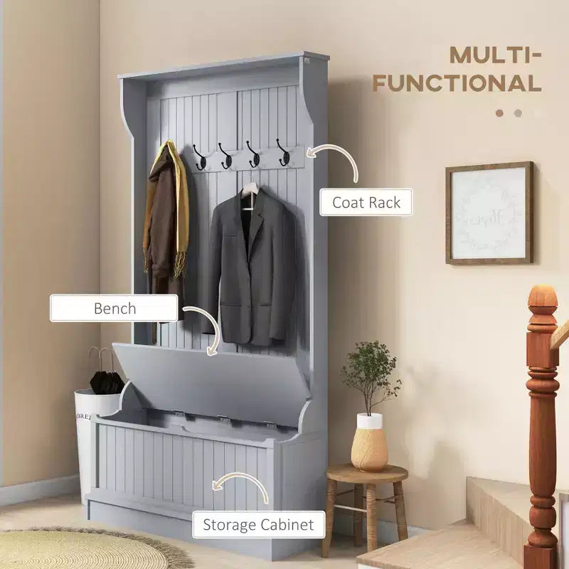 Porte-manteau d'entrée de 38 po avec 5 crochets métalliques, arbre à manteaux avec rangement à chaussures et porte supérieure, porte-manteau autoportant pour salon, entrée, gris