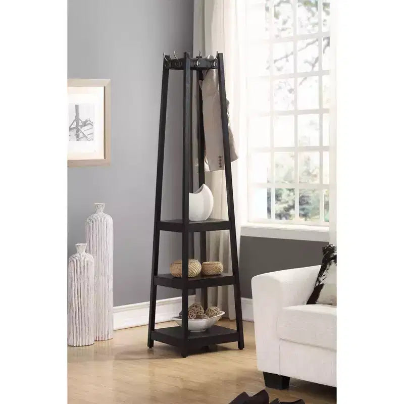 Porte-manteau autoportant avec cadre en bois, meuble d'entrée avec étagères de rangement à 3 niveaux et finition argentée, porte-manteau pour chambre à coucher, salon, noir