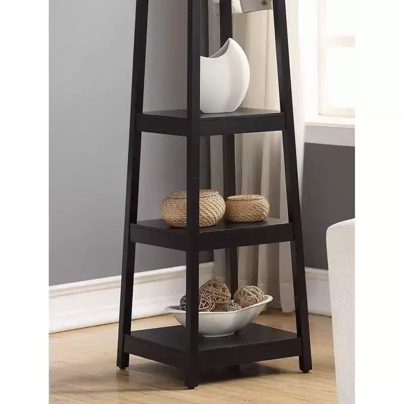 Porte-manteau autoportant avec cadre en bois, meuble d'entrée avec étagères de rangement à 3 niveaux et finition argentée, porte-manteau pour chambre à coucher, salon, noir