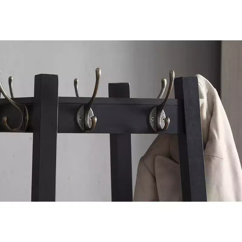 Porte-manteau autoportant avec cadre en bois, meuble d'entrée avec étagères de rangement à 3 niveaux et finition argentée, porte-manteau pour chambre à coucher, salon, noir