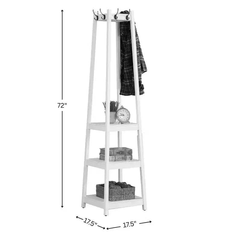 Porte-manteau autoportant avec cadre en bois, meuble d'entrée avec étagères de rangement à 3 niveaux et finition argentée, porte-manteau pour chambre à coucher, salon, noir