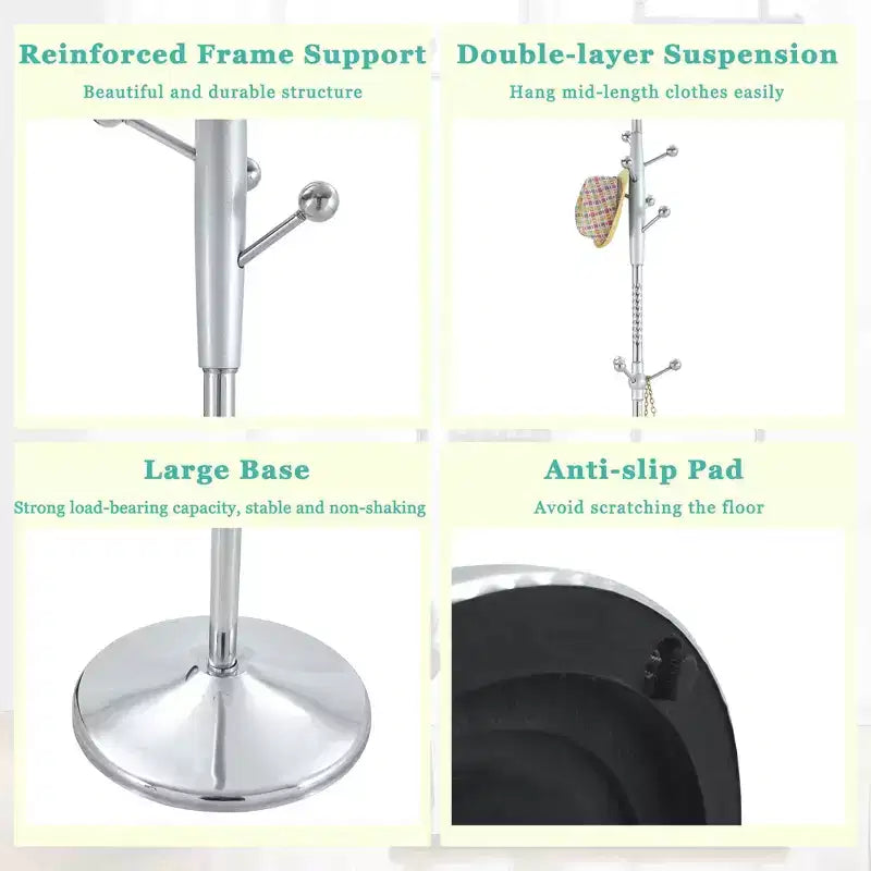Porte-manteau moderne en acier inoxydable, arbre d'entrée avec support amovible, porte-manteau sur pied pour salon, entrée, chambre, argent