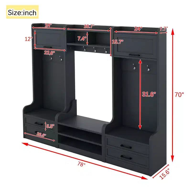 Meuble d'entrée avec banc et rangement à chaussures, porte-manteau à 7 crochets, tiroirs, armoire, meuble d'entrée multifonction détachable