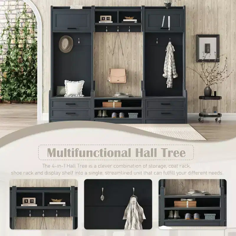Meuble d'entrée avec banc et rangement à chaussures, porte-manteau à 7 crochets, tiroirs, armoire, meuble d'entrée multifonction détachable