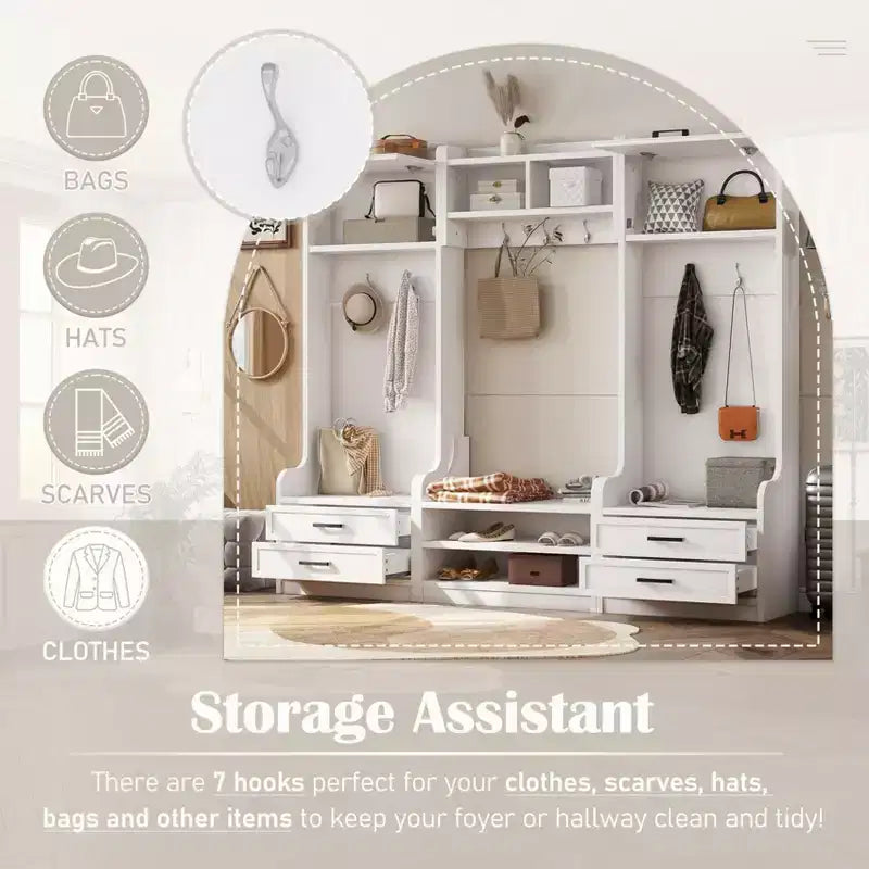Meuble d'entrée avec banc et rangement à chaussures, porte-manteau à 7 crochets, tiroirs, armoire, meuble d'entrée multifonction détachable