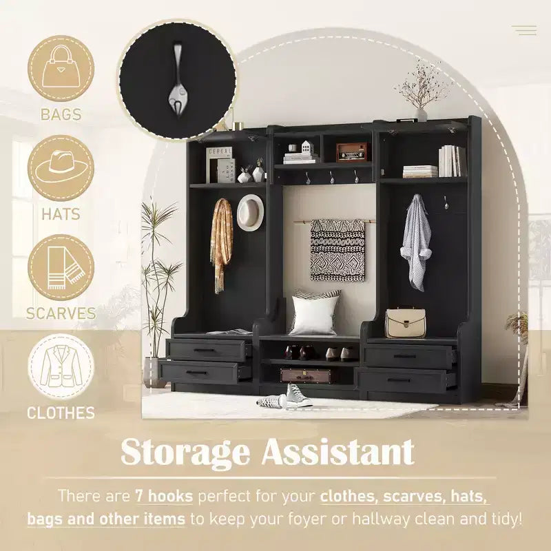 Meuble d'entrée avec banc et rangement à chaussures, porte-manteau à 7 crochets, tiroirs, armoire, meuble d'entrée multifonction détachable