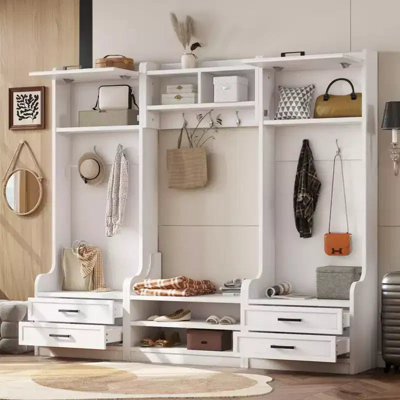Meuble d'entrée avec banc et rangement à chaussures, porte-manteau à 7 crochets, tiroirs, armoire, meuble d'entrée multifonction détachable