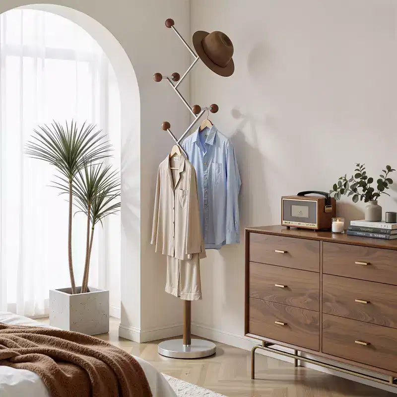 Porte-manteau autoportant à base en marbre lourd, porte-manteau en métal extra-stable avec 8/9 crochets en bois massif pour vêtements, chapeaux et sacs