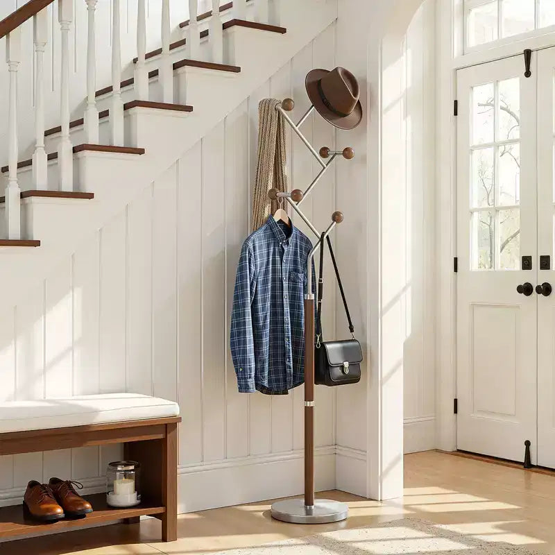 Porte-manteau autoportant à base en marbre lourd, porte-manteau en métal extra-stable avec 8/9 crochets en bois massif pour vêtements, chapeaux et sacs