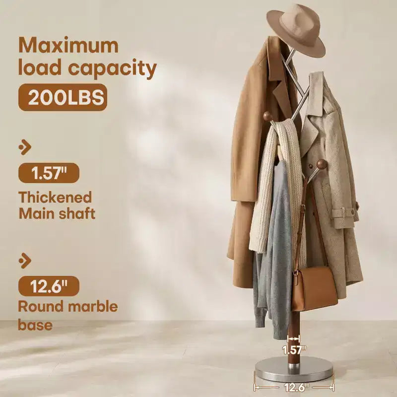 Porte-manteau autoportant à base en marbre lourd, porte-manteau en métal extra-stable avec 8/9 crochets en bois massif pour vêtements, chapeaux et sacs