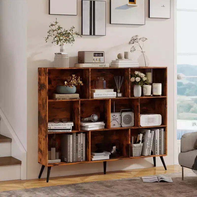 Étagère de rangement moderne à 10 cubes, organisateur de présentation ouvert à 3 niveaux avec base métallique renforcée pour salon et bureau à domicile