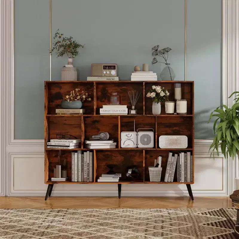 Modern 10-Cube Storage Bookshelf, 3-Tier Open Display Organizer with Reinforced Metal Base for Living Room and Home Office