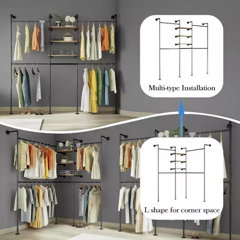 Portant à vêtements industriel en tuyaux avec 3 étagères et barre lumineuse LED, portemanteau 81, mural/autonome, organisateur de dressing, style vintage