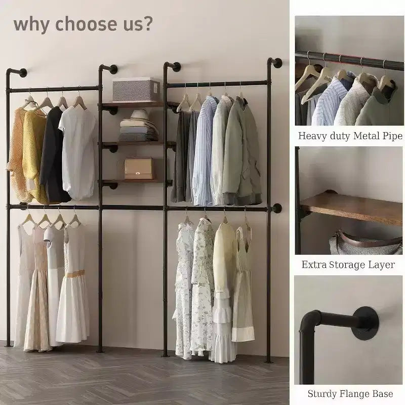 Portant à vêtements industriel en tuyaux avec 3 étagères et barre lumineuse LED, portemanteau 81, mural/autonome, organisateur de dressing, style vintage