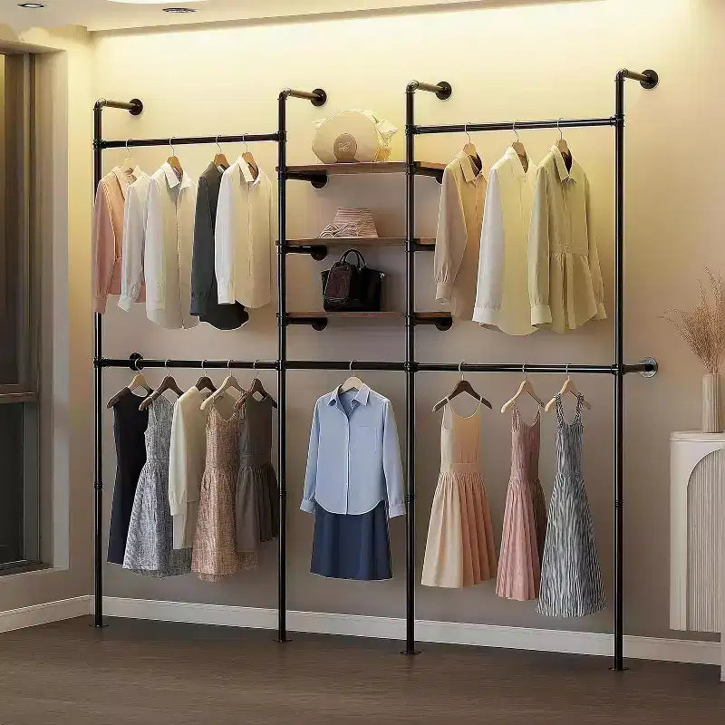 Portant à vêtements industriel en tuyaux avec 3 étagères et barre lumineuse LED, portemanteau 81, mural/autonome, organisateur de dressing, style vintage