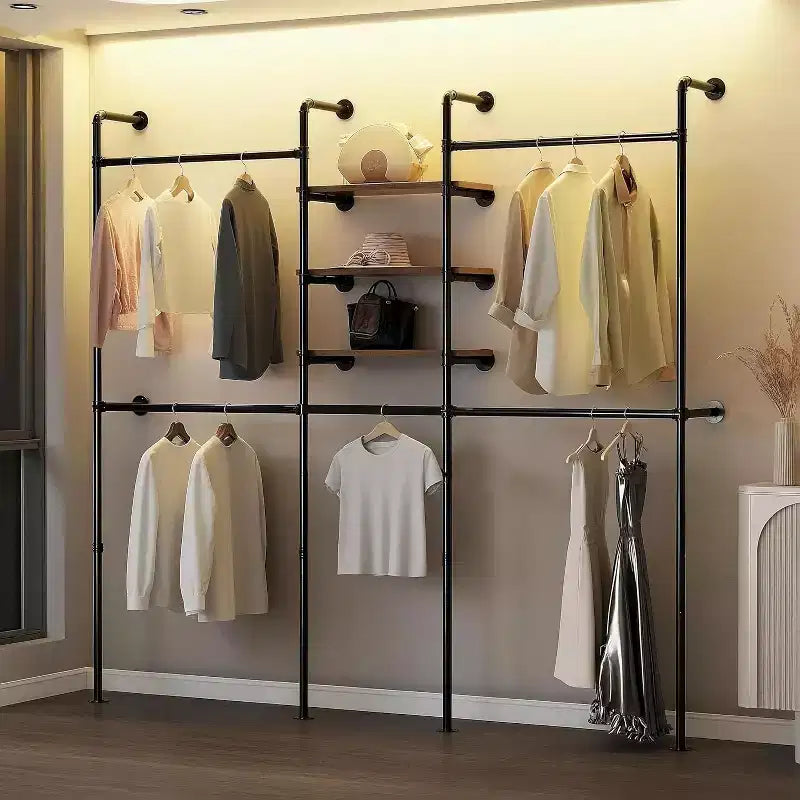Portant à vêtements industriel en tuyaux avec 3 étagères et barre lumineuse LED, portemanteau 81, mural/autonome, organisateur de dressing, style vintage