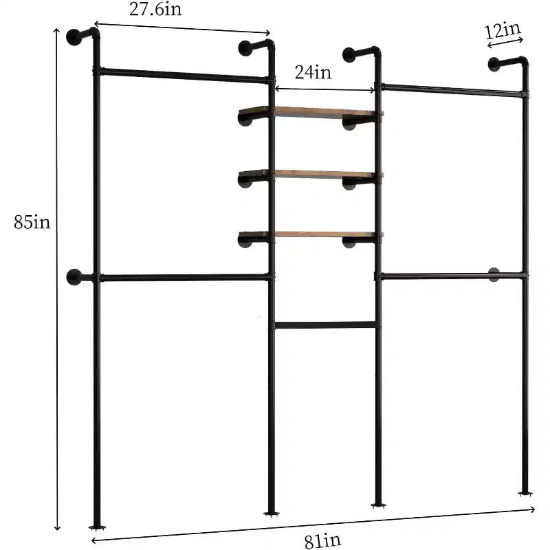 Portant à vêtements industriel en tuyaux avec 3 étagères et barre lumineuse LED, portemanteau 81, mural/autonome, organisateur de dressing, style vintage