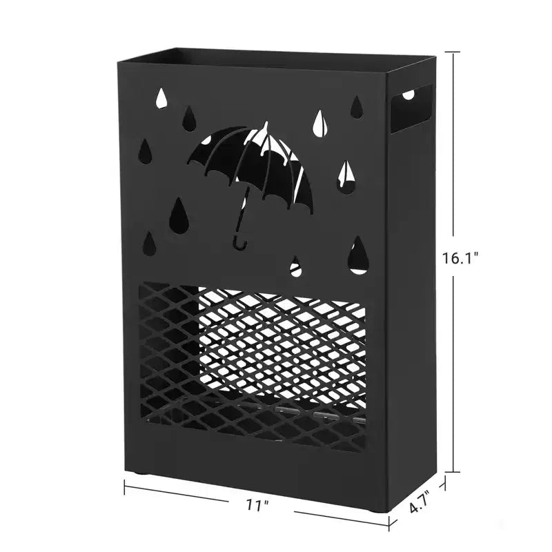 Porte-parapluies en métal, support de parapluies rectangulaire, avec égouttoir amovible, 4 crochets, design ajouré, pour entrée, bureau, noir