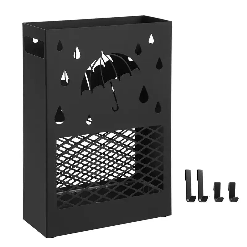 Porte-parapluies en métal, support de parapluies rectangulaire, avec égouttoir amovible, 4 crochets, design ajouré, pour entrée, bureau, noir