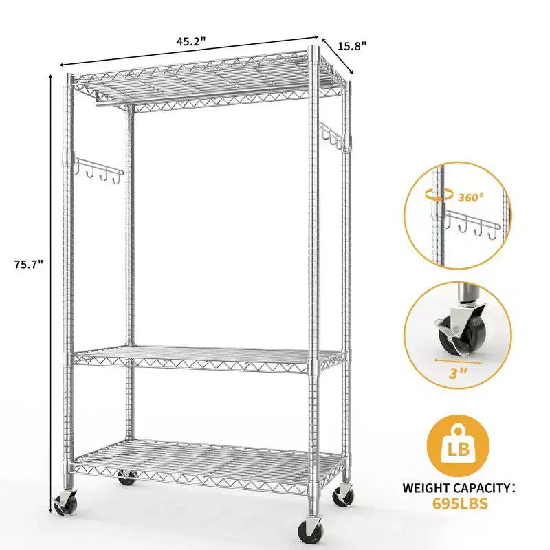 Portant à vêtements à 3 niveaux avec roulettes, portant à vêtements robuste avec 2 tringles de suspension, organisateur de placard autoportant pour chambre à coucher et salon
