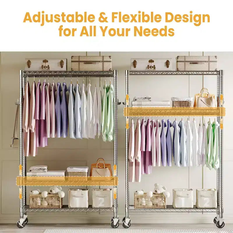 Portant à vêtements à 3 niveaux avec roulettes, portant à vêtements robuste avec 2 tringles de suspension, organisateur de placard autoportant pour chambre à coucher et salon