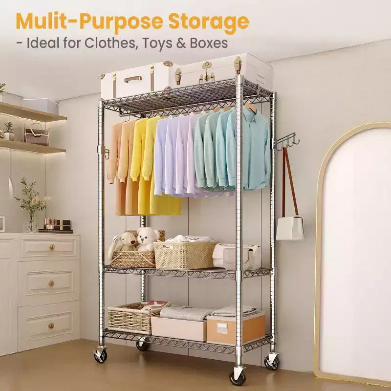 Portant à vêtements à 3 niveaux avec roulettes, portant à vêtements robuste avec 2 tringles de suspension, organisateur de placard autoportant pour chambre à coucher et salon