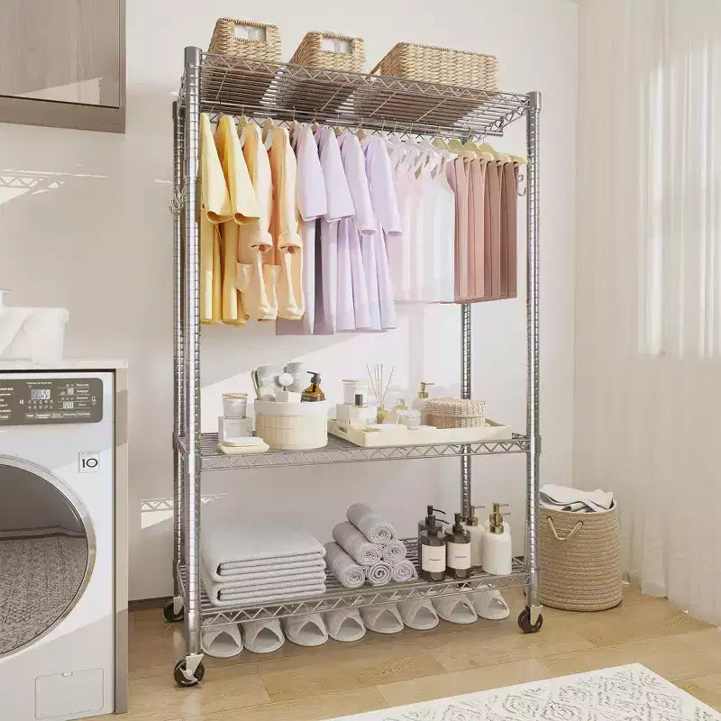 Portant à vêtements à 3 niveaux avec roulettes, portant à vêtements robuste avec 2 tringles de suspension, organisateur de placard autoportant pour chambre à coucher et salon