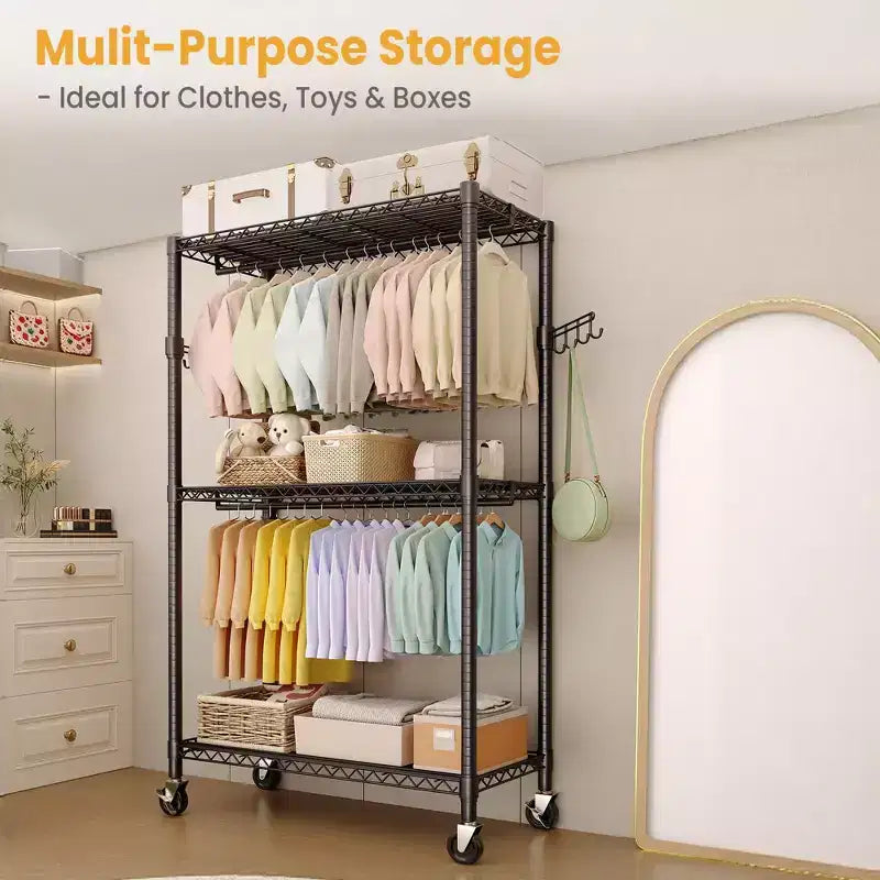 Portant à vêtements à 3 niveaux avec roulettes, portant à vêtements robuste avec 2 tringles de suspension, organisateur de placard autoportant pour chambre à coucher et salon