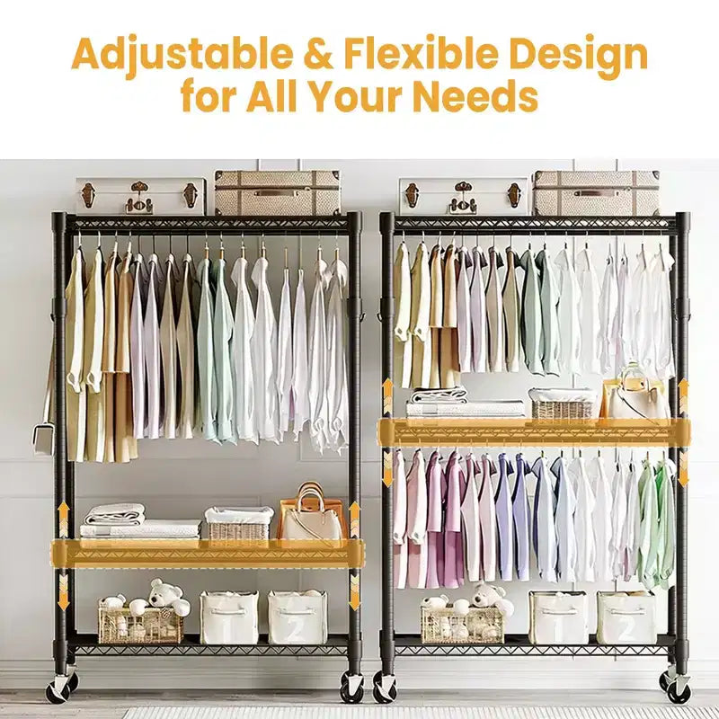 Portant à vêtements à 3 niveaux avec roulettes, portant à vêtements robuste avec 2 tringles de suspension, organisateur de placard autoportant pour chambre à coucher et salon