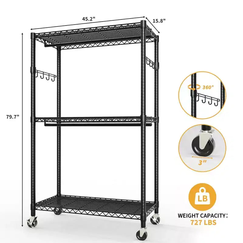 Portant à vêtements à 3 niveaux avec roulettes, portant à vêtements robuste avec 2 tringles de suspension, organisateur de placard autoportant pour chambre à coucher et salon