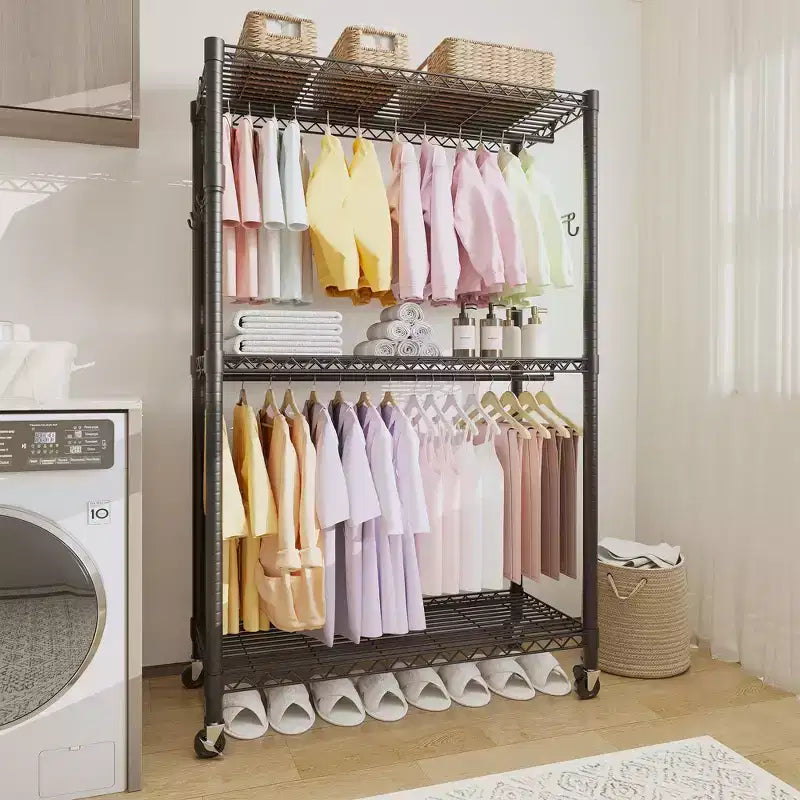 Portant à vêtements à 3 niveaux avec roulettes, portant à vêtements robuste avec 2 tringles de suspension, organisateur de placard autoportant pour chambre à coucher et salon