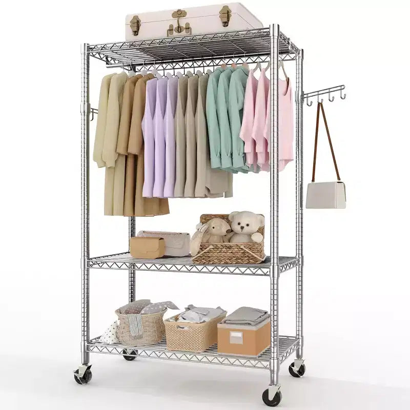 Portant à vêtements à 3 niveaux avec roulettes, portant à vêtements robuste avec 2 tringles de suspension, organisateur de placard autoportant pour chambre à coucher et salon