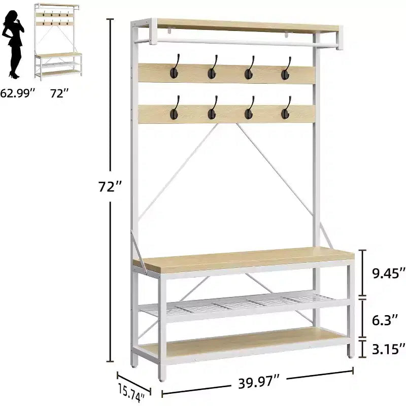 Banc à chaussures avec porte-manteau industriel, porte-manteau de 183 cm avec étagère de rangement, tringle de suspension et 8 crochets pour l'entrée