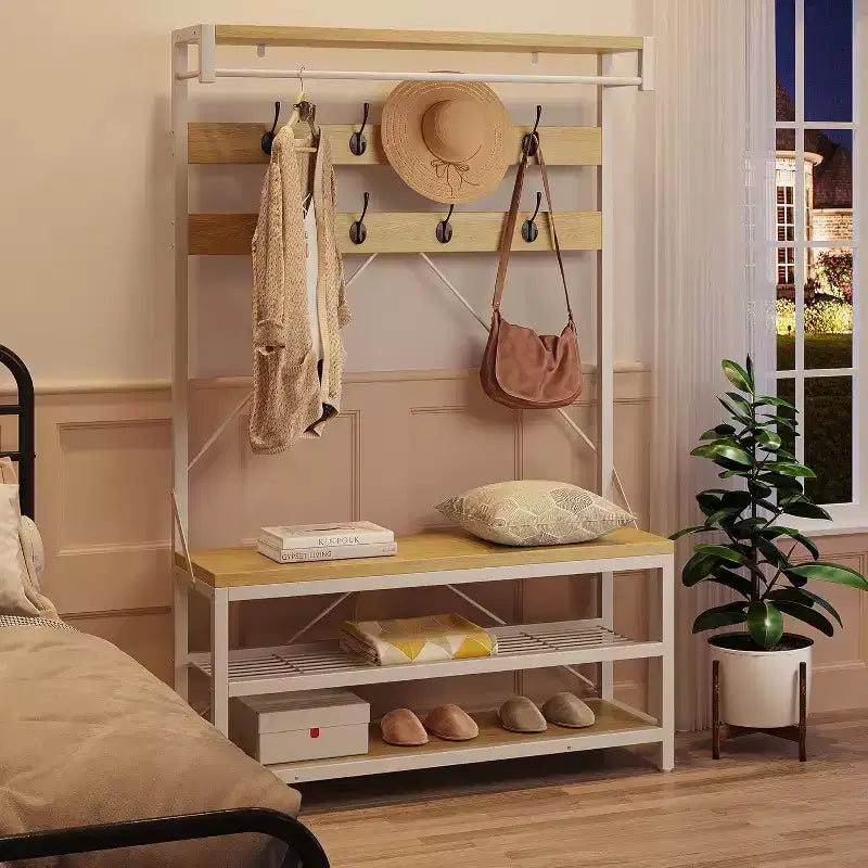 Banc à chaussures avec porte-manteau industriel, porte-manteau de 183 cm avec étagère de rangement, tringle de suspension et 8 crochets pour l'entrée