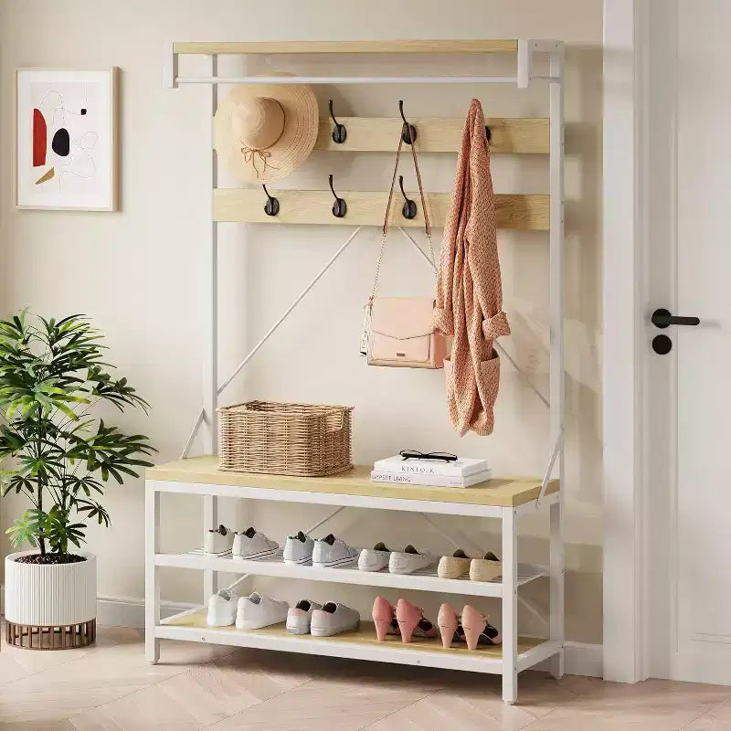Banc à chaussures avec porte-manteau industriel, porte-manteau de 183 cm avec étagère de rangement, tringle de suspension et 8 crochets pour l'entrée